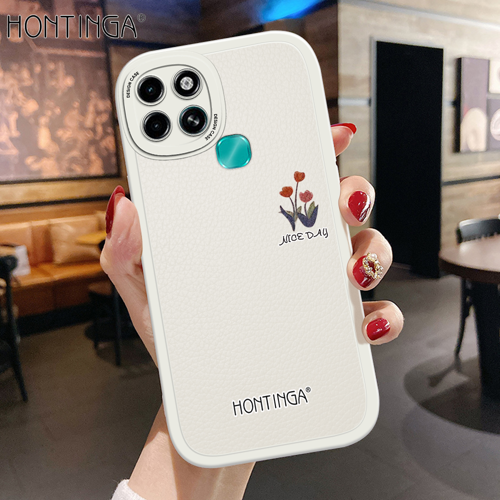 Hontinga for Infinix Smart 6 Back Cover PU Leather Simple Colorful Phone Case Soft Silicone Edge Mobile Cover