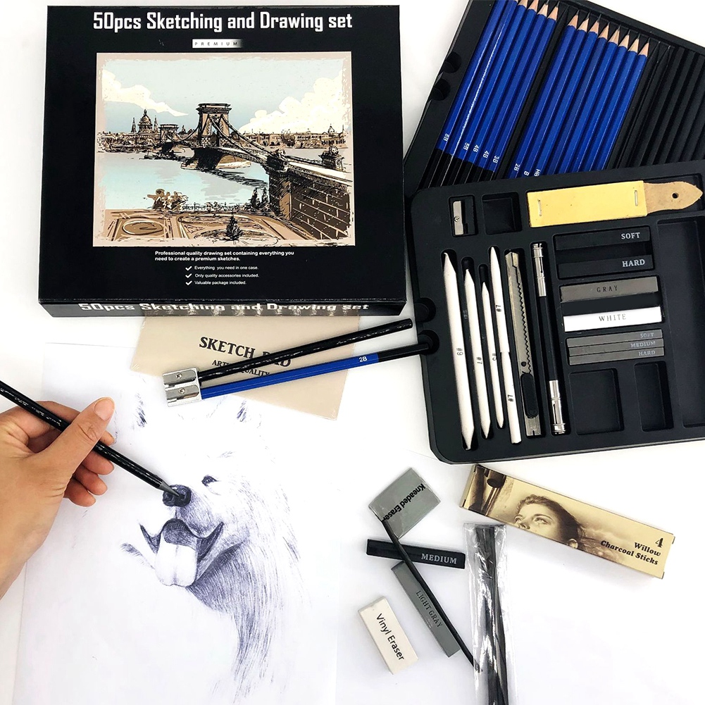 50pcs Professional Artist Sketching and Drawing Set Pencils Sketch Charcoal Stick Art Tools. 