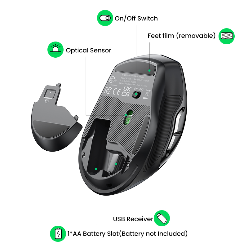 UGREEN Wireless Mouse, 5 Adjustable DPI 6 Buttons Mouse with USB Receiver, 2.4G Ergonomic Silent Wireless Mice for Laptop Windows Mac PC. 