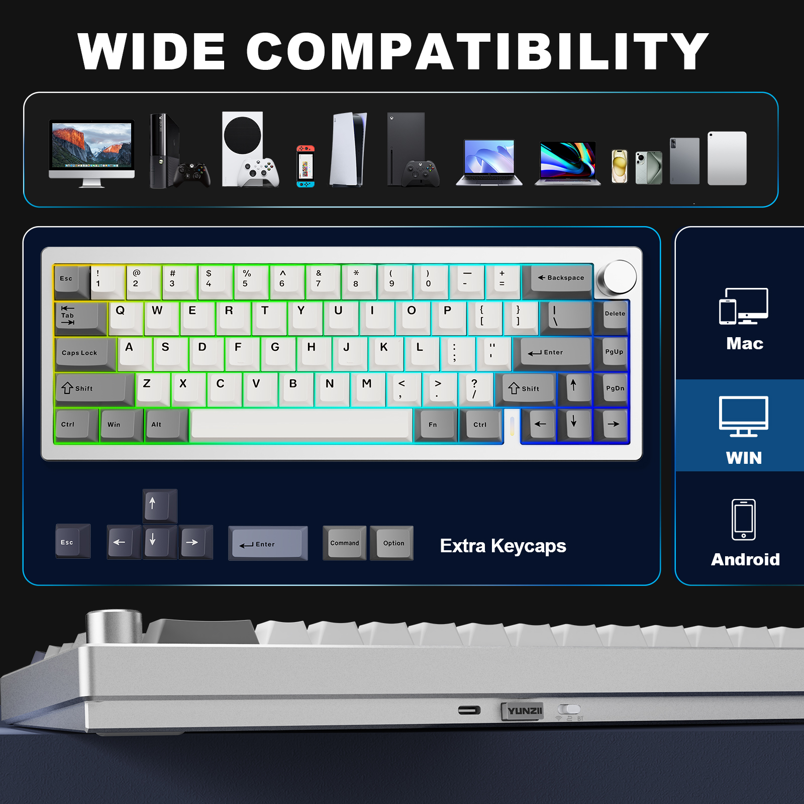 YUNZII AL68 Silver Wireless Custom Mechanical Keyboard, QMK/VIA Aluminum Keyboard, Hot Swap Gasket Gaming Keyboard with Knob. 