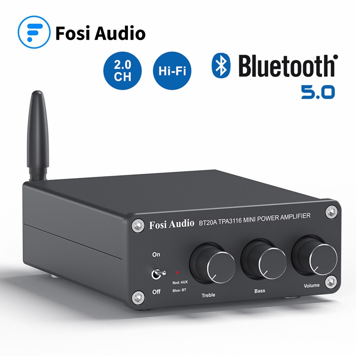 Fosi Audio BT20A Bluetooth TPA3116D2 Sound Power Amplifier 100W Mini HiFi Stereo Class D Amp Bass Treble For Theater - black add 24V power. 