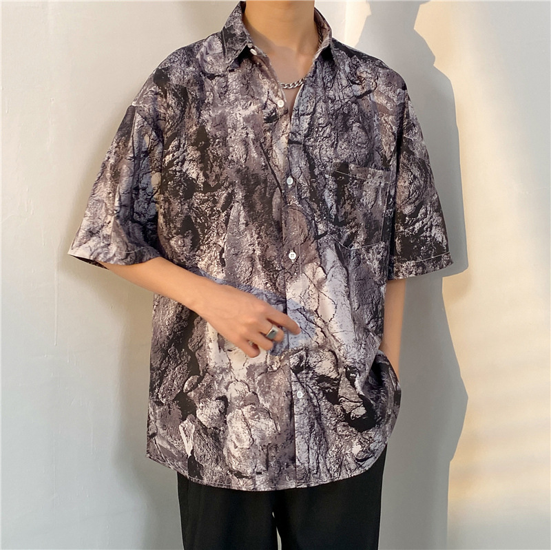 Thai vintage print short sleeve shirt men's summer thin Hong Kong style versatile ins high street casual loose top