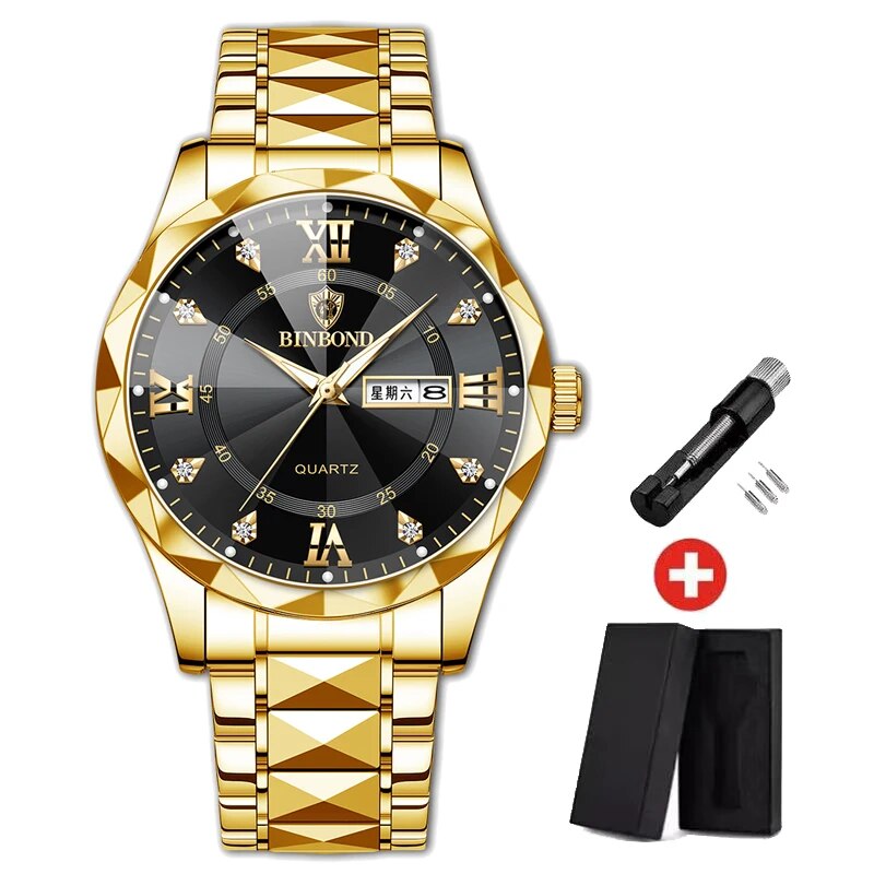 BINBOND Men Watch Stainless Steel Top Quailty Luxury Push Button Hidden Clasp Waterproof Luminous Date Week Sport Wrist Watches. 