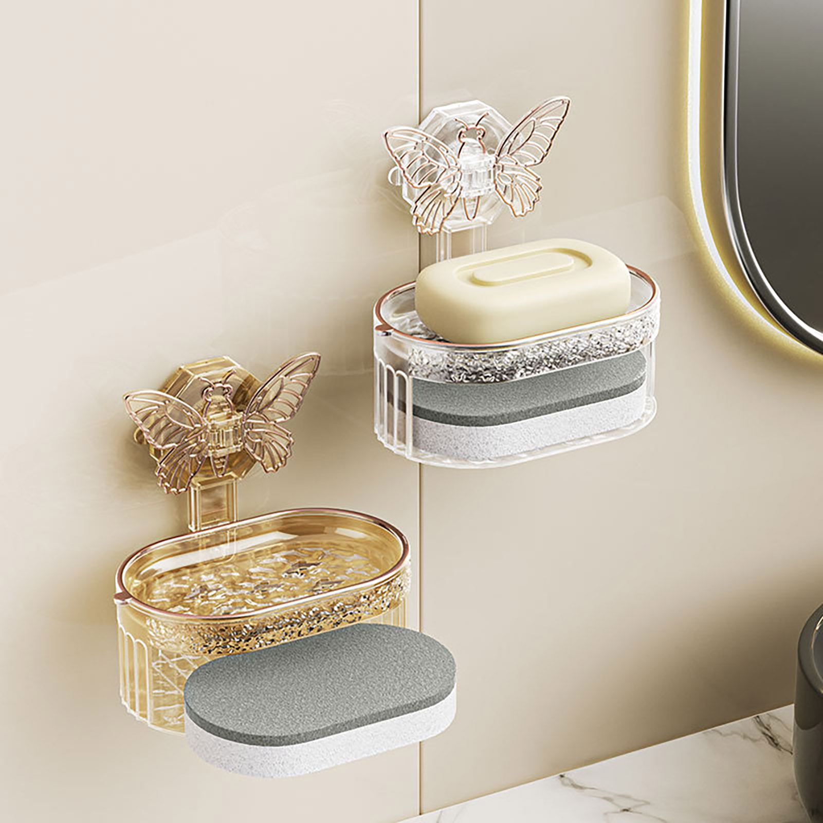 Butterfly Soap Dish Suction Cup Light Luxury Style No Water Accumulation Double-Layer Design Soap Box for Quick Drying. 