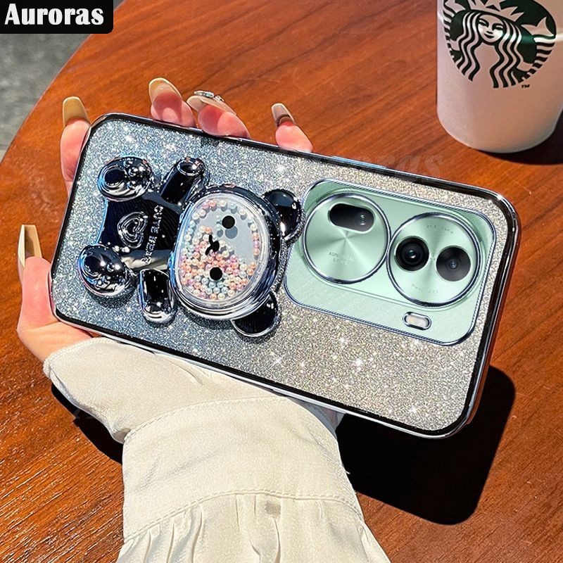 For OPPO Reno11 5G / Reno11 Pro 5G / Reno11 F 5G Back Cover case with Gradient 3D Bear Folding Stand Bracket Luxury Slim 6D Plating Glitter Girls Phone Case Clear Soft Silicone Protective Cases Pouch