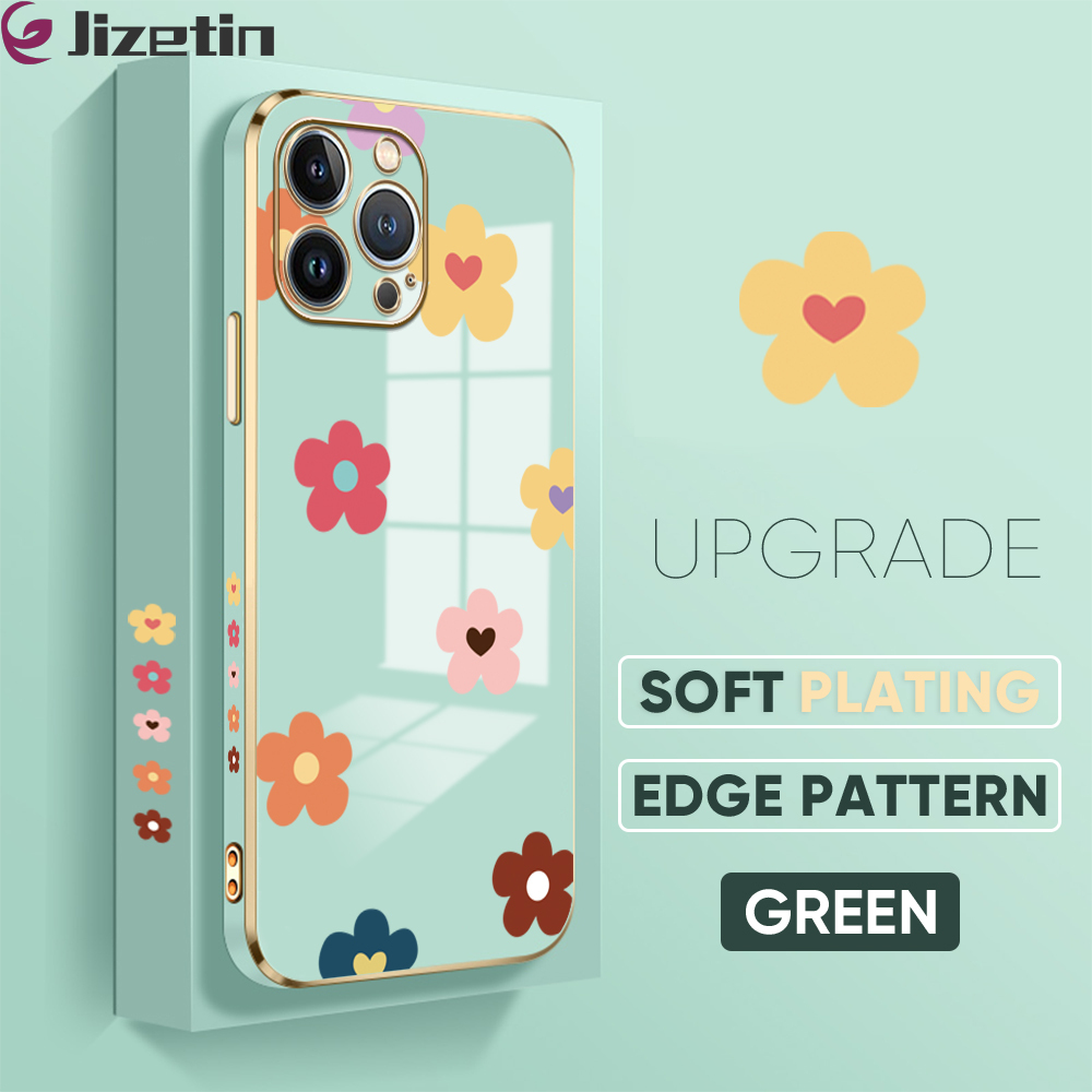 Jizetin (Free Lanyard) for iPhone 15 Pro Back Cover Falling Flowers Luxury 6D Plating Case Side Pattern Soft Silicone Square Mobile Phone Cases
