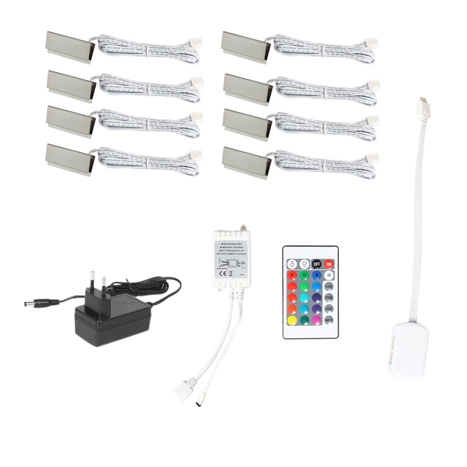 RGB LED Clip On Glass Shelf Lighting Under Cabinet Night Lights Kit for Glass Edge Shelf with Remote Control - eu-8pcs