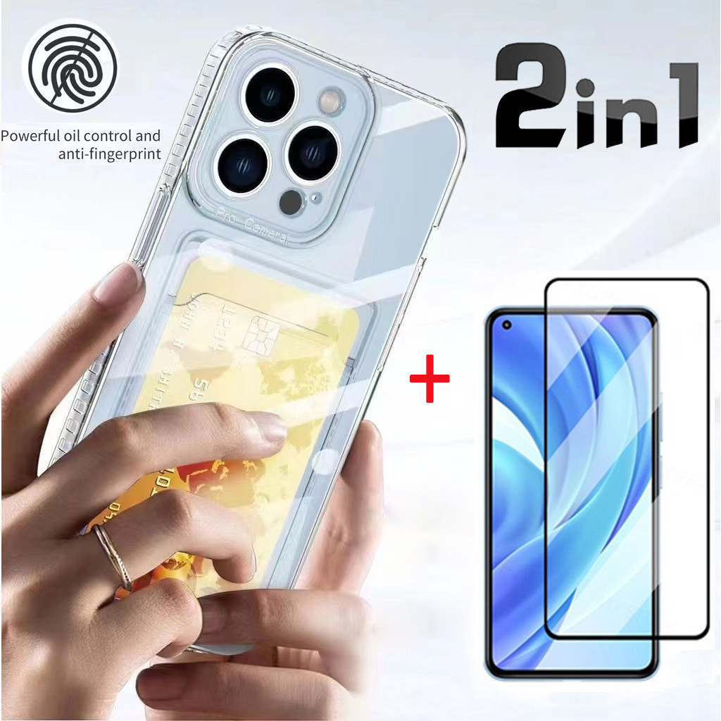 2 in 1 Realme 12 5G Casing Realme 11 10 9 8 Pro GT NEO 5 Note 50 C67 4G C65 C53 C51 C55 C30 C33 C35 C21Y C25 C12 C15 C11 Clear Card Holder Phone Case and Tempered Glass Film