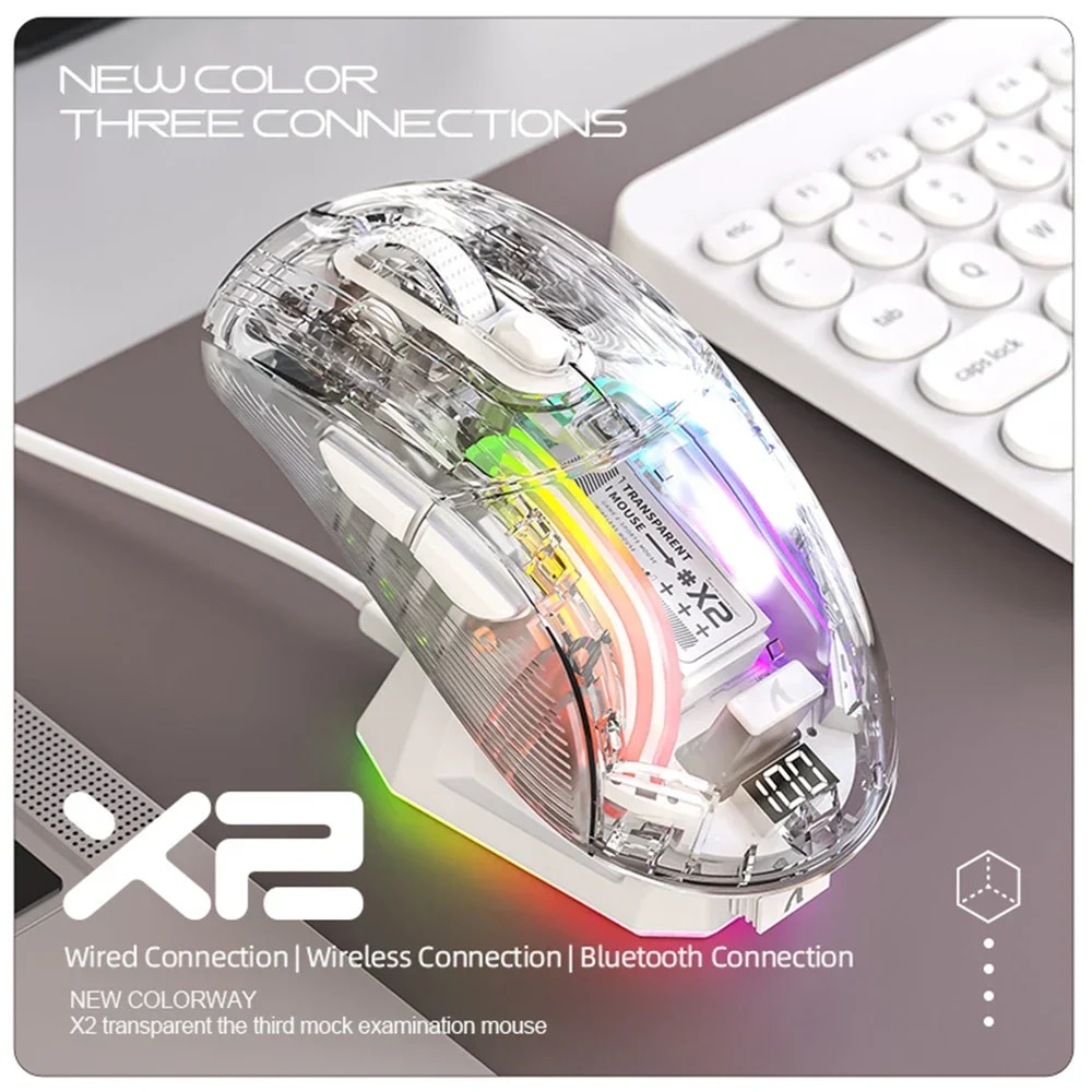 Attack Shark X2 PRO Wireless Bluetooth Gaming Mouse 3-Mode Connection RGB Light USB C Wired 2.4G Transparent Mouse. 