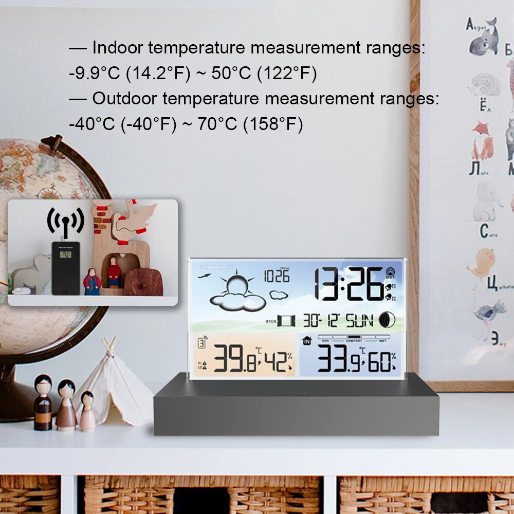 Transparent glass weather clock wireless Multifunctional weather forecast Electronic alarm clock black Outdoor sensors backlight. 