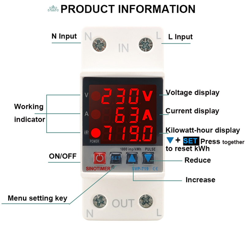 SINOTIMER 40A Adjust Voltage Relay over Under Voltage Protector over Current Limit Wattmeter KWH Energy Meter Power Comsumption. 