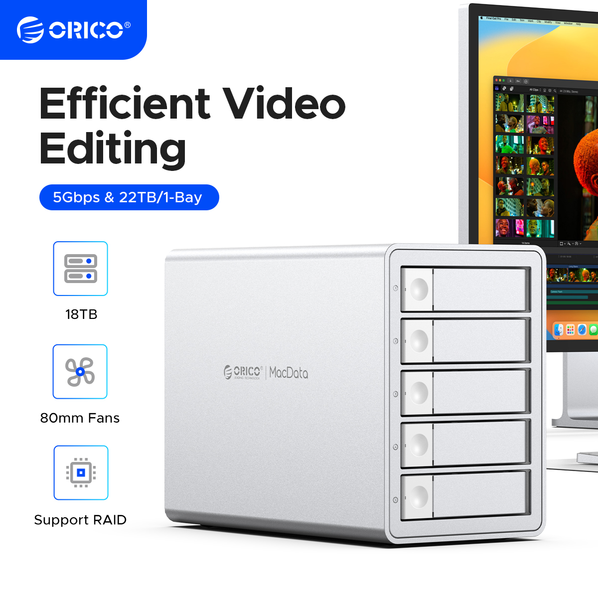 ORICO 3.5"RAID USB3.0 5Gbps HDD Docking Station 150W Power With Cooling Fan for Apple device 5Bay RAID DAS Studio Series