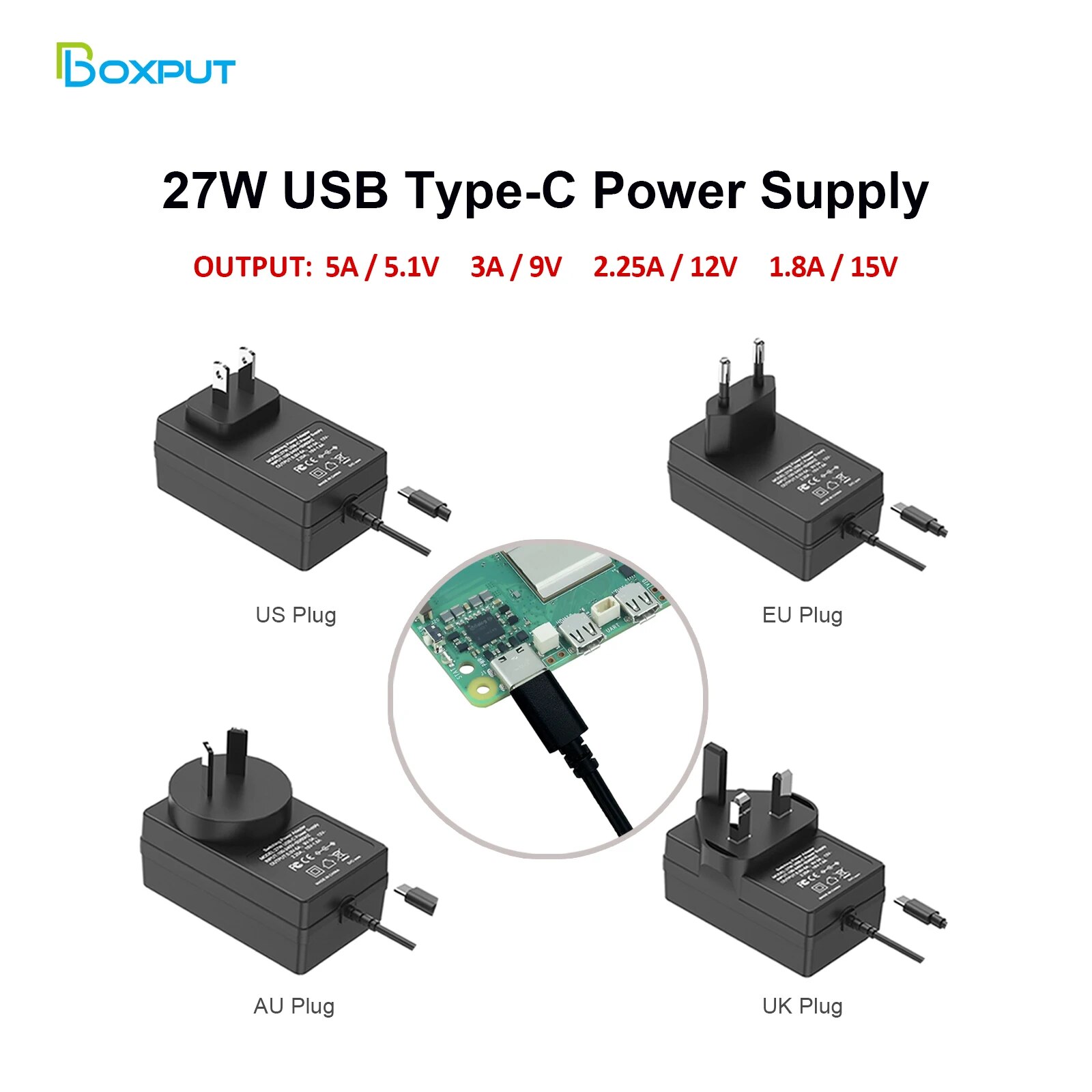 For Raspberry Pi 5 Power Adapter 27W USB-C Power Supply 5.1V 5A Compatible for PD Charing 1.2m, 18awg EU US UK AU Plug