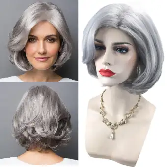 Women Natural Short Silver Grey Curly Hair Ombre Wigs Party Costume Cosplay Wig