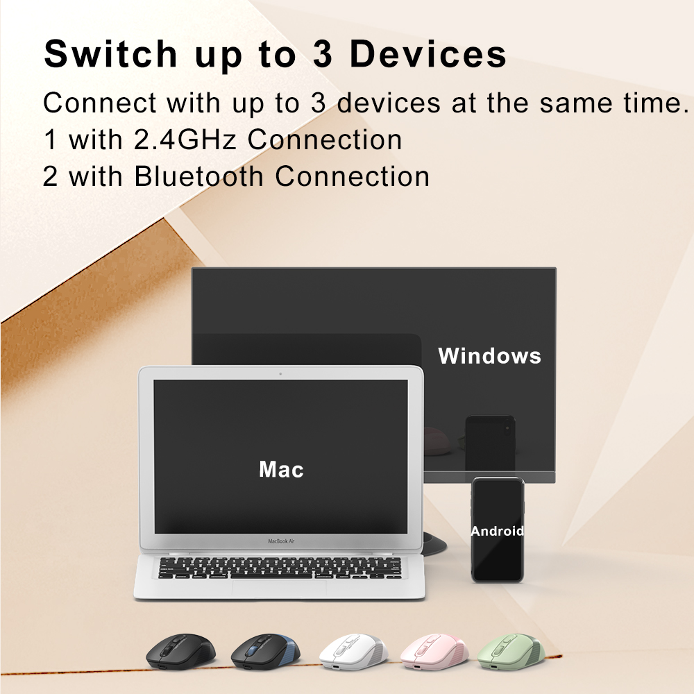 A4tech FB10C Multimode Rechargeable Wireless Mouse - Bluetooth + 2.4G - Connects upto 3 Devices - 1200 to 2400 DPI - Type C Charging - For PC/Laptop/Tablet/Smart TV - Grey/Blue/Green/Pink. 