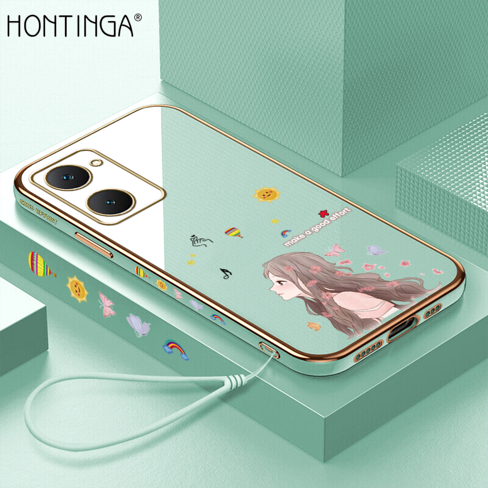 Hontinga for Vivo Y03 Y18 Y18E Back Cover With Free Strap Luxury 6D Plating Sunshine Girl Side Pattern Case Soft Silicone Square Mobile Cover