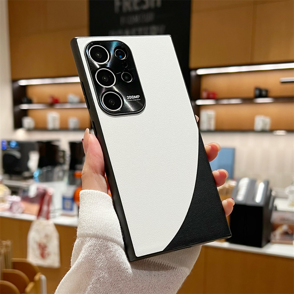 HODON Luxury Splicing PU Leather Matte Phone Case For Samsung S24 Ultra S24 Plus Cases Plating Metal Camera Lens Protection Shockproof Cover