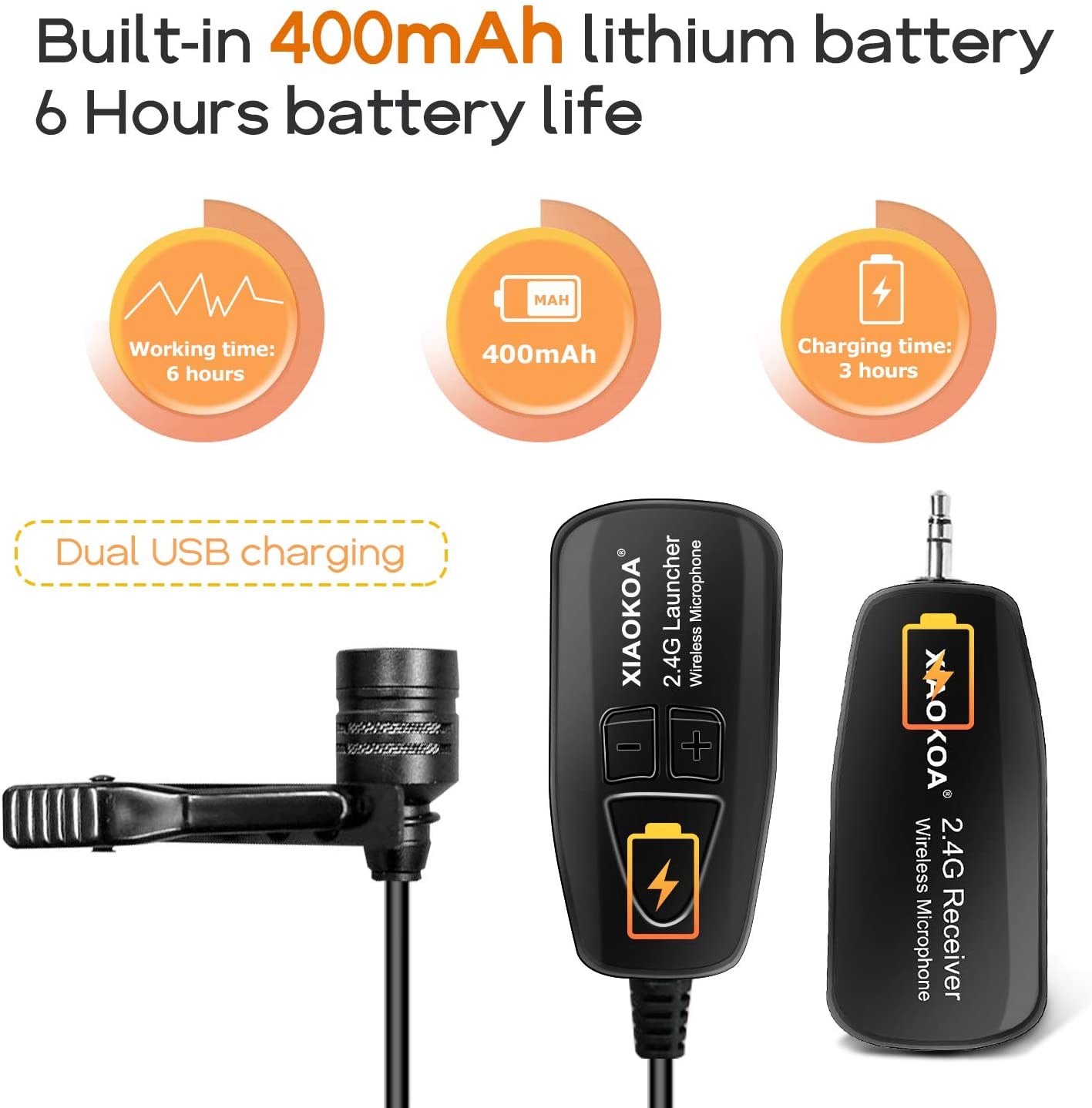 XIAOKOA 2.4G Wireless Lavalier Microphone Recording Lapel Mic with 50m Stable Wireless Transmission for Voice Amplifier Speaker. 
