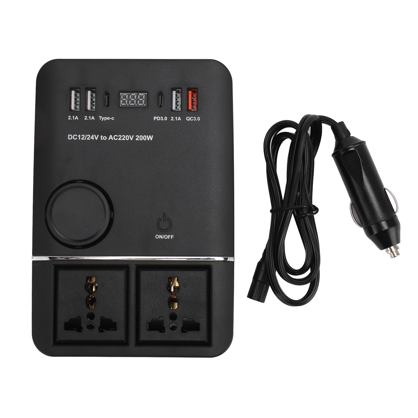 200W Power Inverter DC 12V to AC 240V Car Power Inverter with 3 USB Port Type C Port QC3.0 Port PD3.0 Port 2 Cigarette Lighter. 
