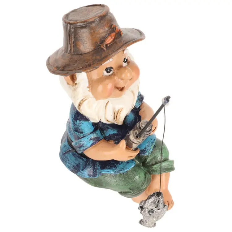 Fishing Gnome Sitter, Fine Workmanship Outdoor Garden Gnome
