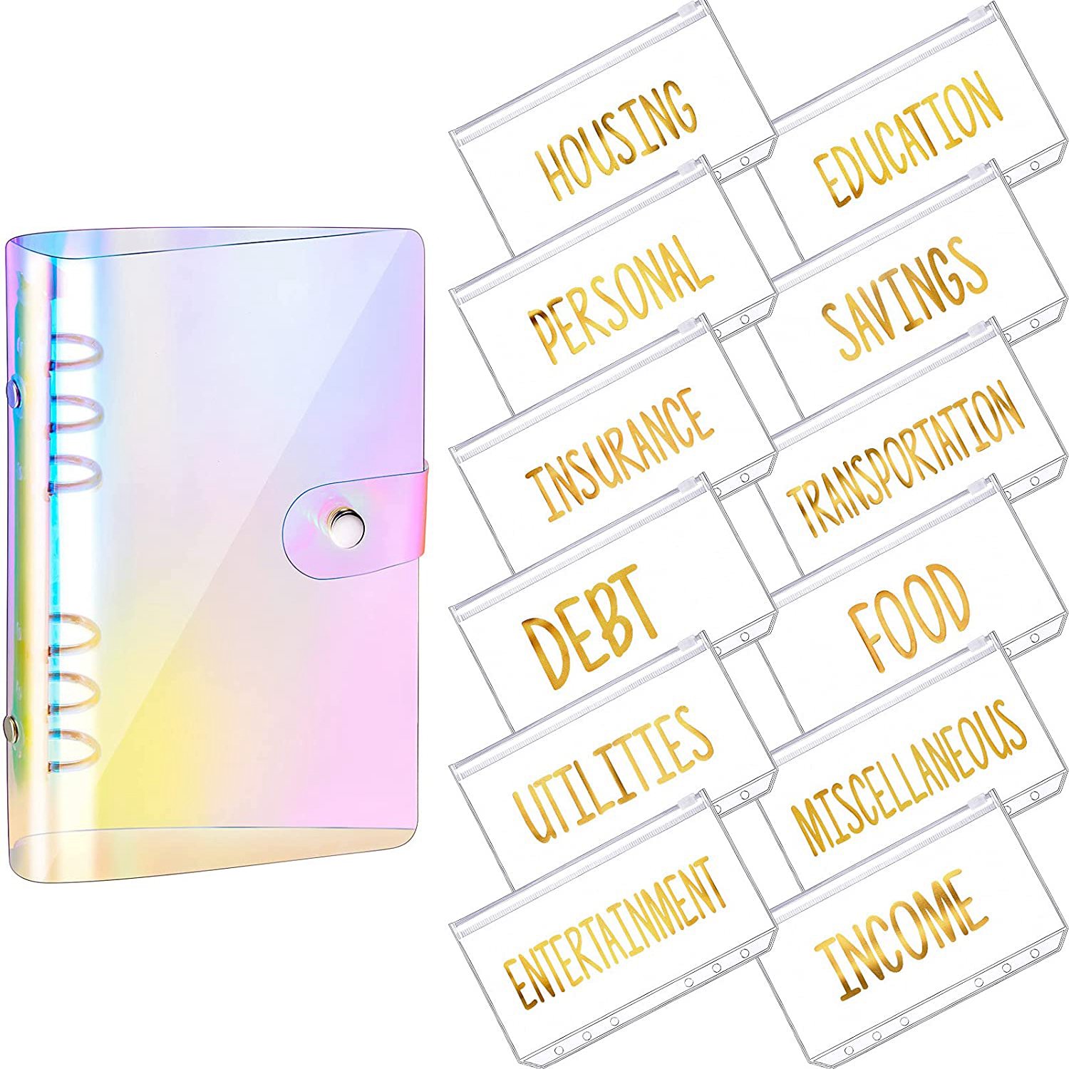 PVC Notebook Cover Planner Budget Binder Organizer 6 Round Ring Protector Binder Zipper Folder for Bill Planner(Rainbow)