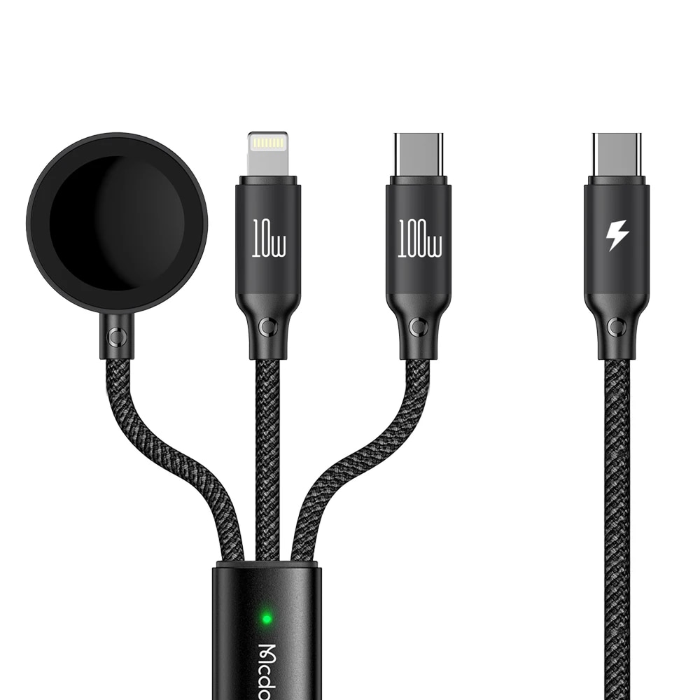 Mcdodo 100W Fast charege 3 in 1 Type-c to Type-c Lighting Apple Watch with iPhone15 14 13 12 11 Pro Max, Xiaomi, Huawei, Samsung. 