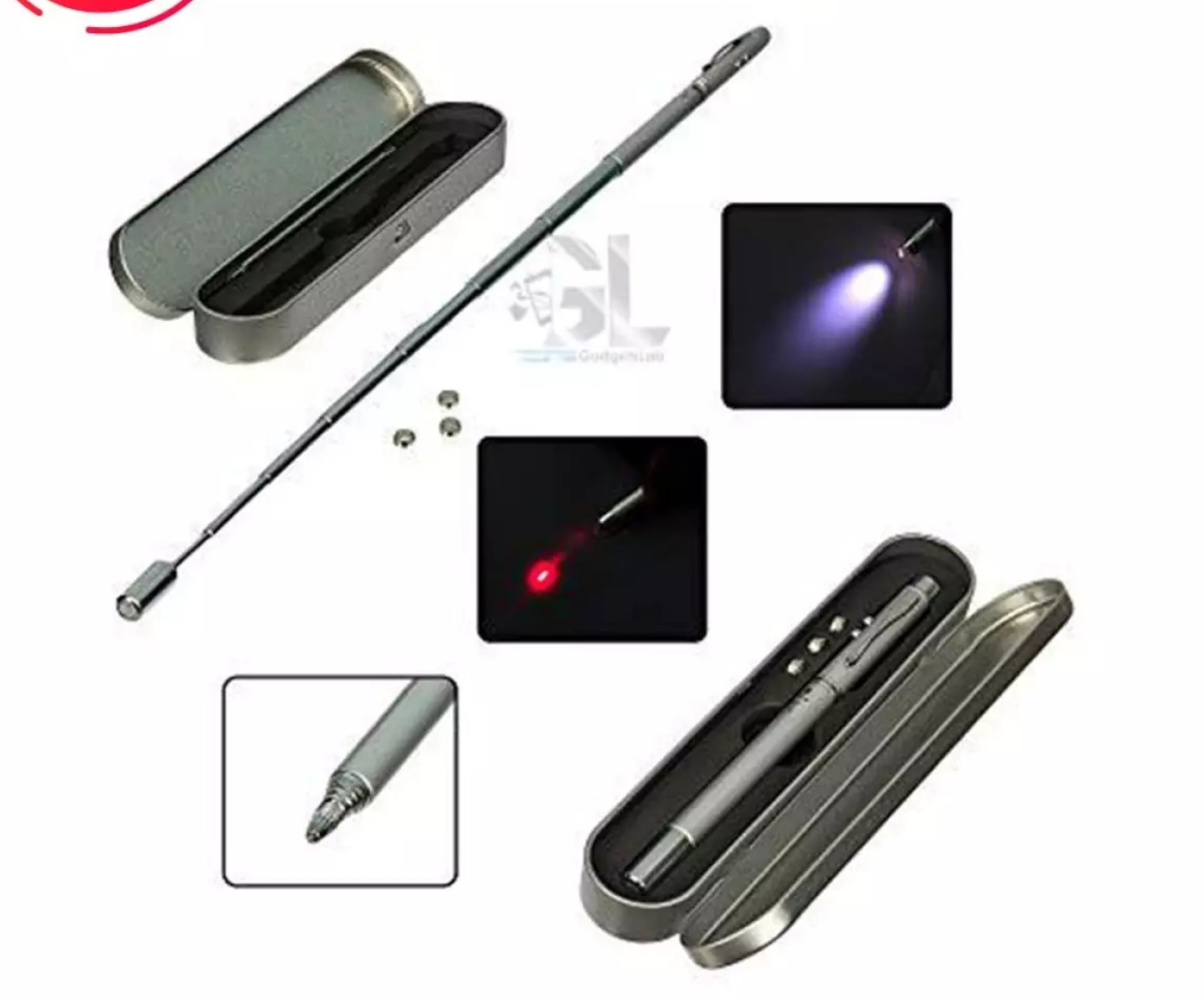 Lase.r pen MULTI FUNCTION 4 in 1 Red Lase.r Pointer LED Light Lamp Ball Pen Torch Telescopic Pointer to Teach Silver. 