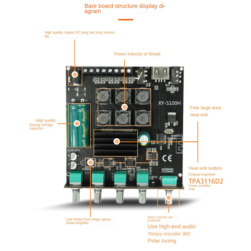 XY-S100H 2.1 Channel Bluetooth Amplifier Board TPA3116D2 50Wx2+100W High-Power BT5.0 Audio Module DC5-26V. 