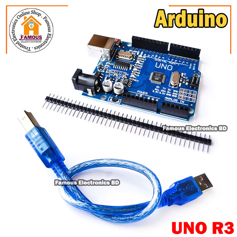 Arduino UNO R3 ATMEGA328P Chip CH340G Development Board with Data Cable and Headers. 