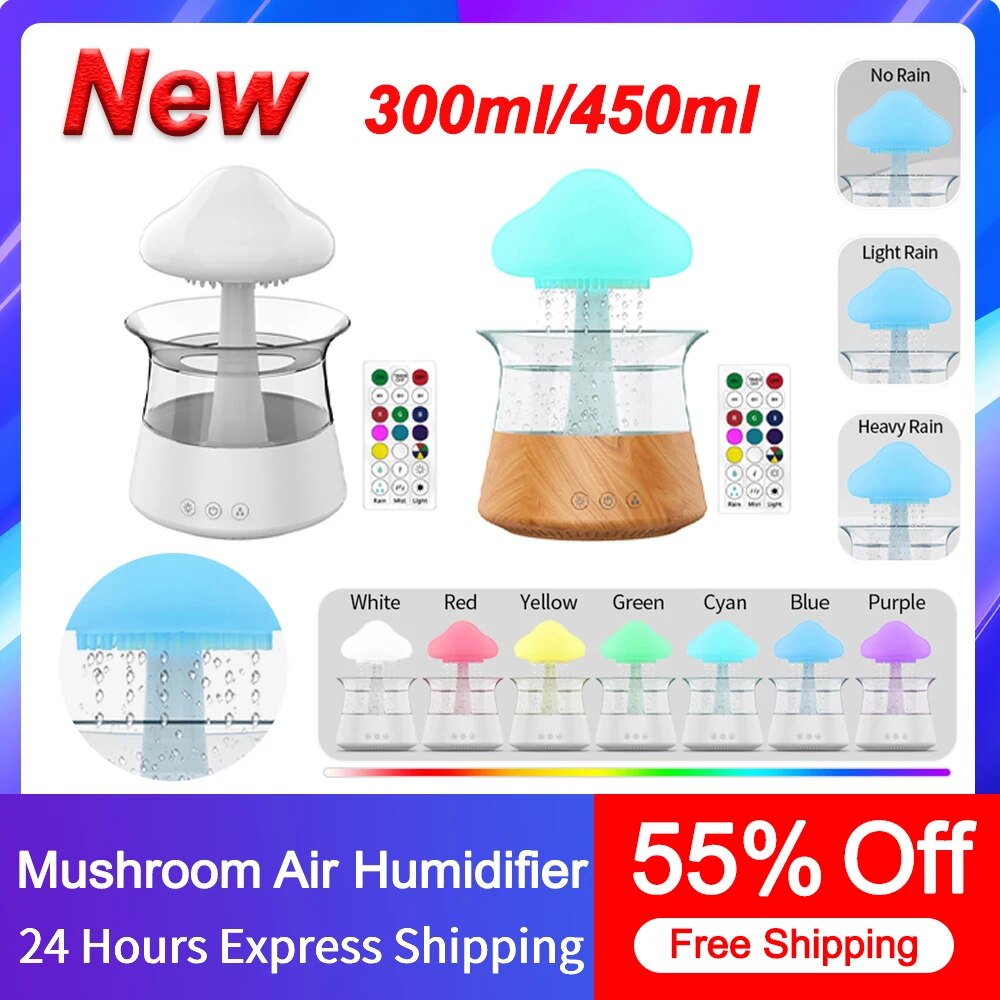 New Mushroom Rain Air Humidifier Rain Cloud Design 7 Colorful Night Light Aroma Diffuser USB Air Diffuser Rain Drop Humidifier