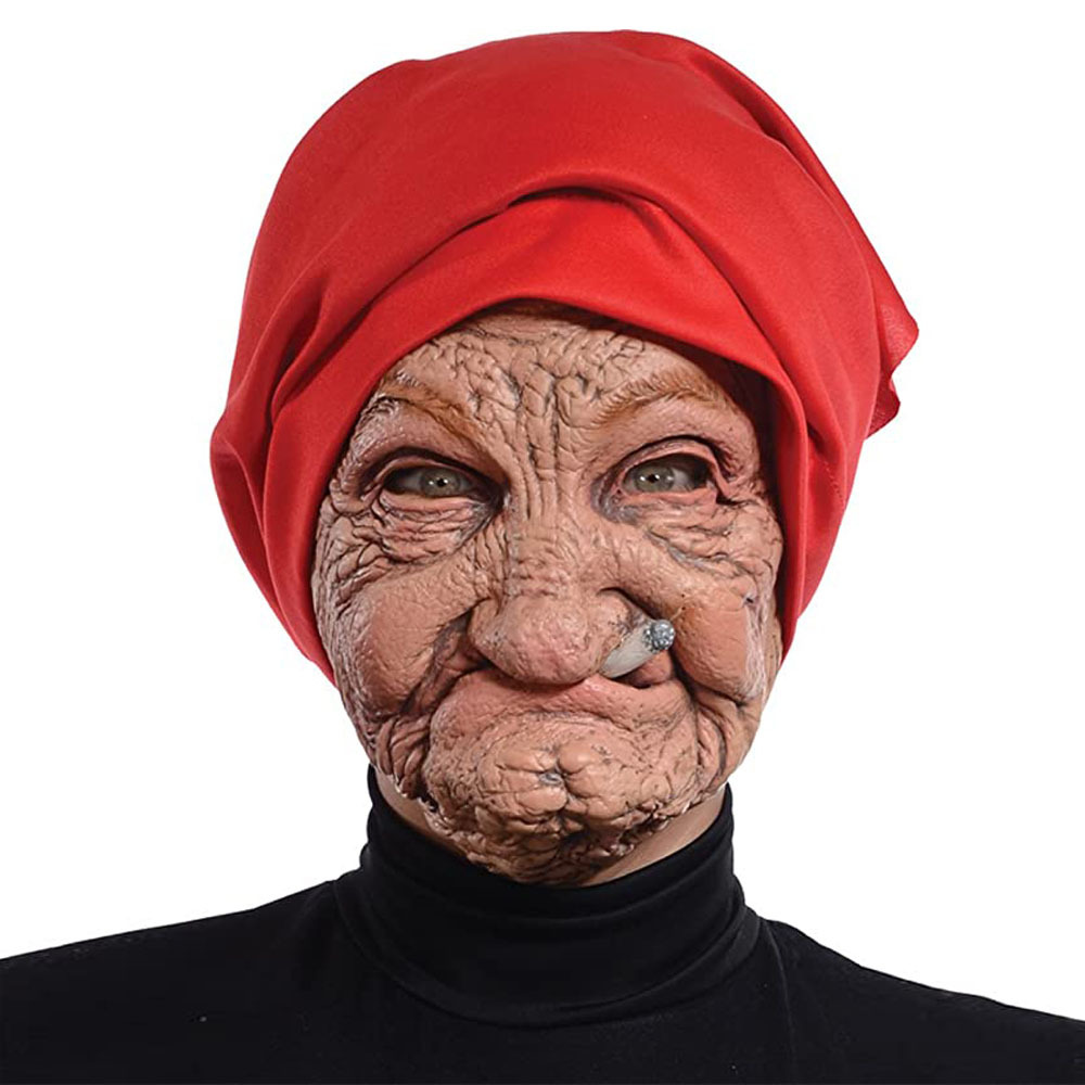 2024 Funny Smoking Granny Old Nana Latex Mask Lady Grandma With Wrinkled Face and Red Scarf Masks Halloween Party Costume Props. 