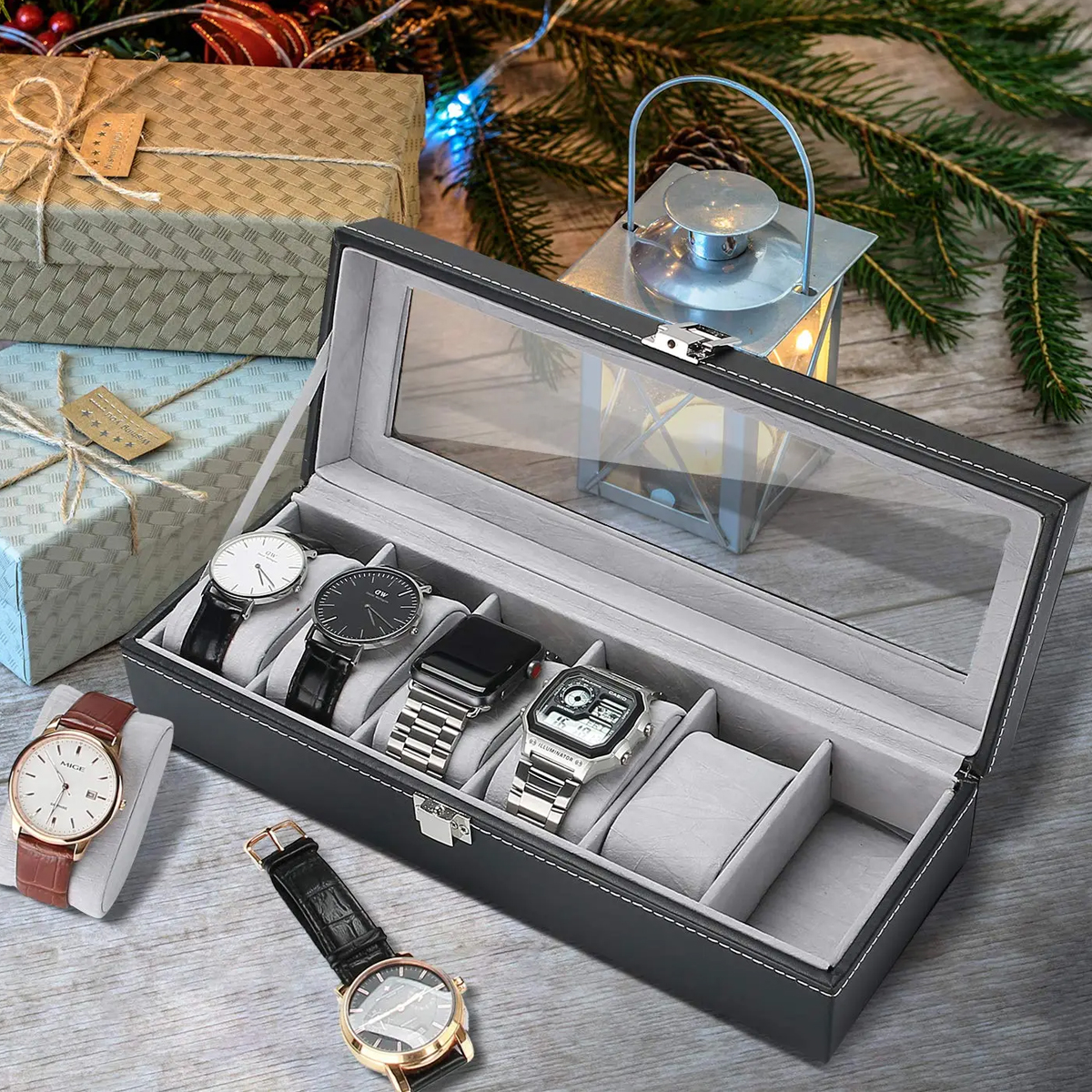 6 Slot Luxury Watch Box with Attractive Display Case, Creative Design for Storage and Gift Use. 