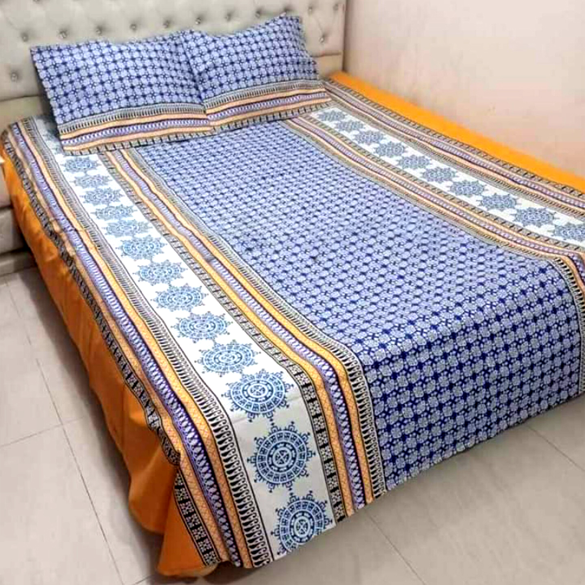 AC HOME TEX Cotton Fabric (সুতি কাপড়) Disital Printed 7 by 8 Feet Double King Size Bed Sheet With Two Matching Head Pillow Covers.