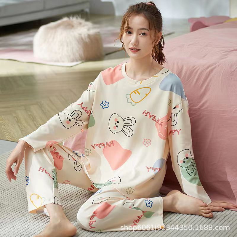 Factory direct pajamas women's spring and autumn new cartoon Korean version long sleeves and pants plus size loungewear set two-piece set