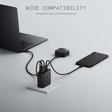 CMF by Nothing 140 W Power GaN 5 A 3 Port Mobile Charger with Detachable Cable  (Dark Grey, Cable Included). 