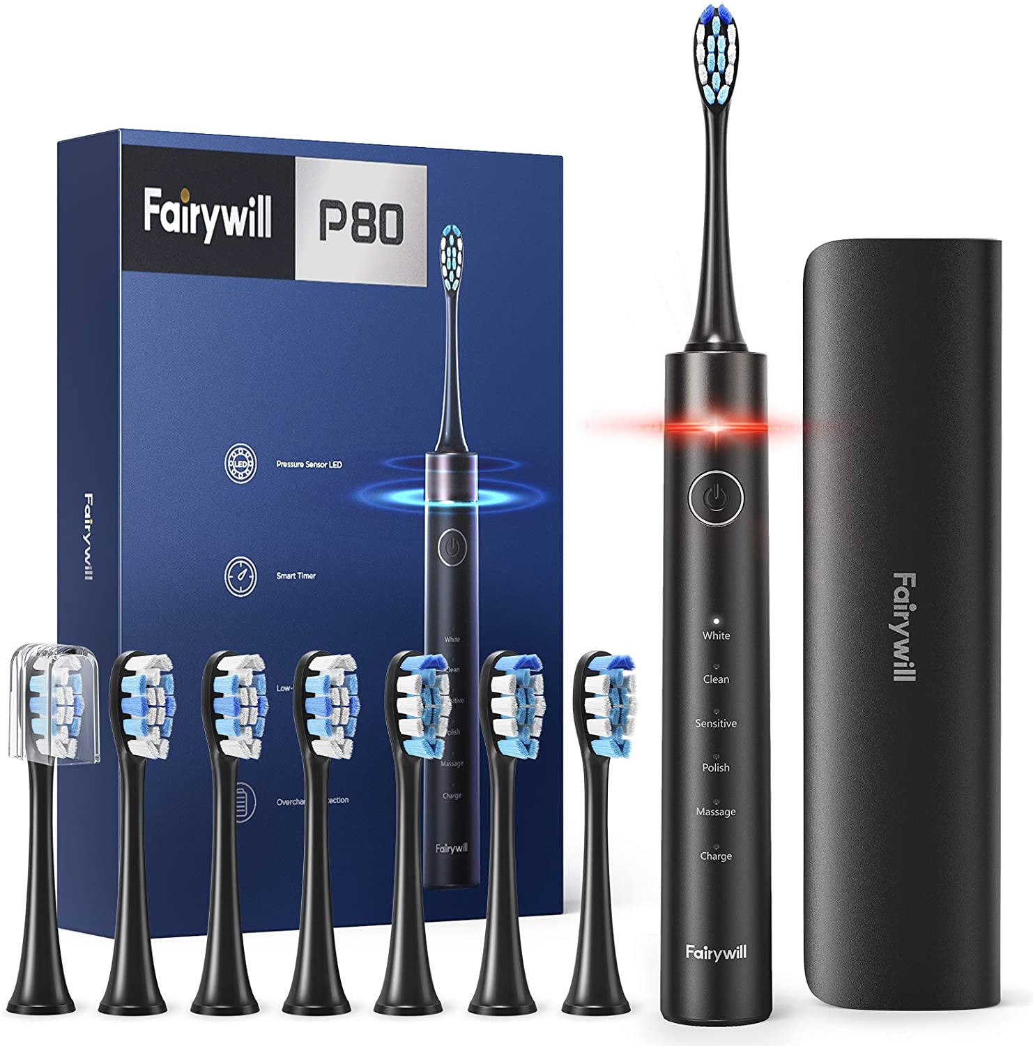 Fairywill Electric Toothbrush P80 Smart Timer Quiet IPX7 Waterproof Fast Charging 8 Replacement Heads 5 Modes with Travel Case. 
