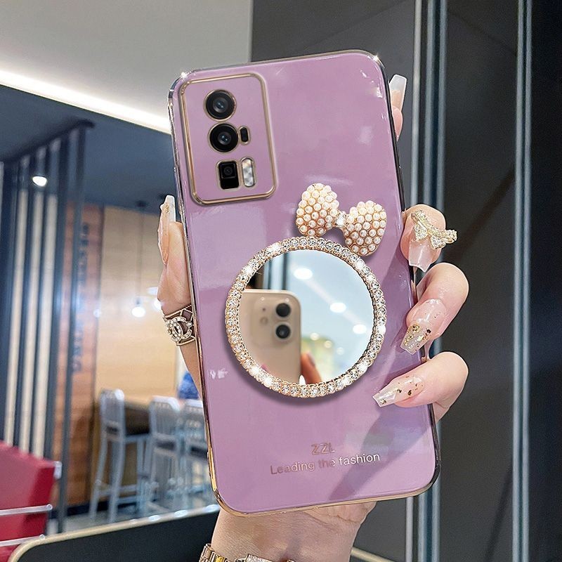 For Xiaomi POCO F5 / POCO F5 Pro Back Cover with Bowknot Mirror Luxury 6D Plating Square Bumper Girls Makeup Casing Shiny Soft Silicone Full Camera Protection Pouch