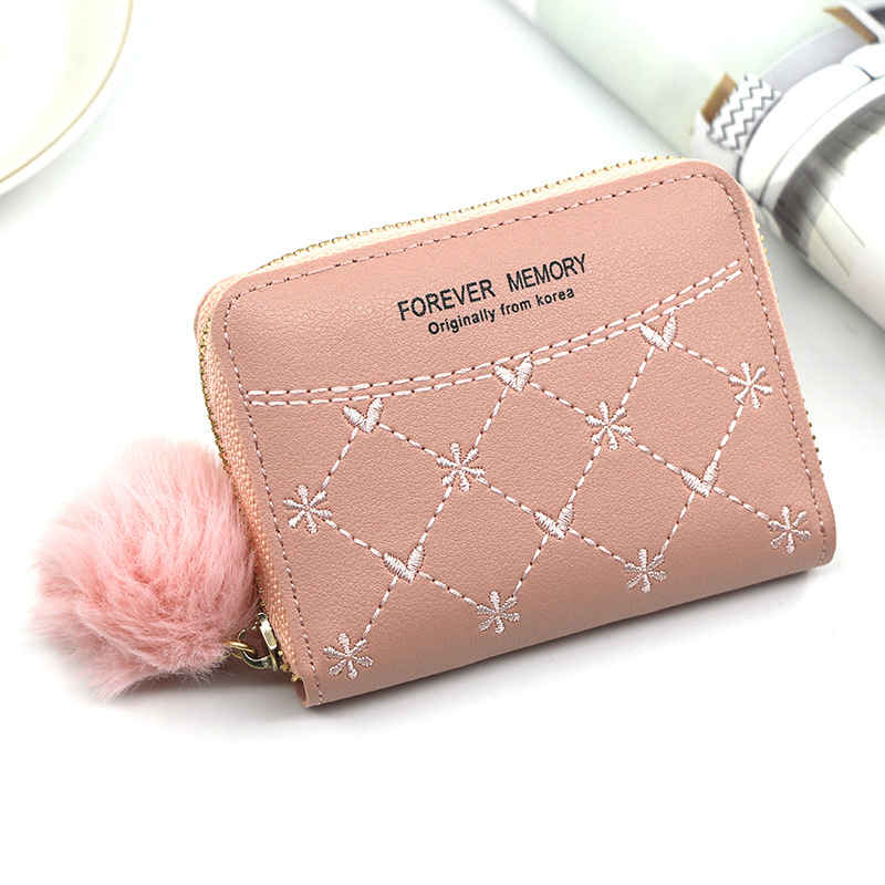 Simple Women's Short Wallet Fresh Flower Embroidery Solid Color Fur Ball Tri-Fold Clutch Card Holder Coin Purse Wallet Wholesale
