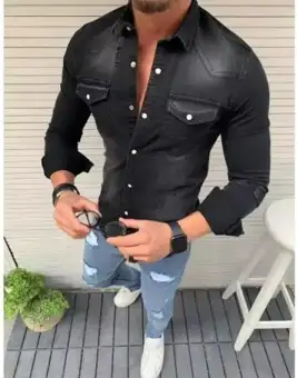mens black denim shirt long sleeve