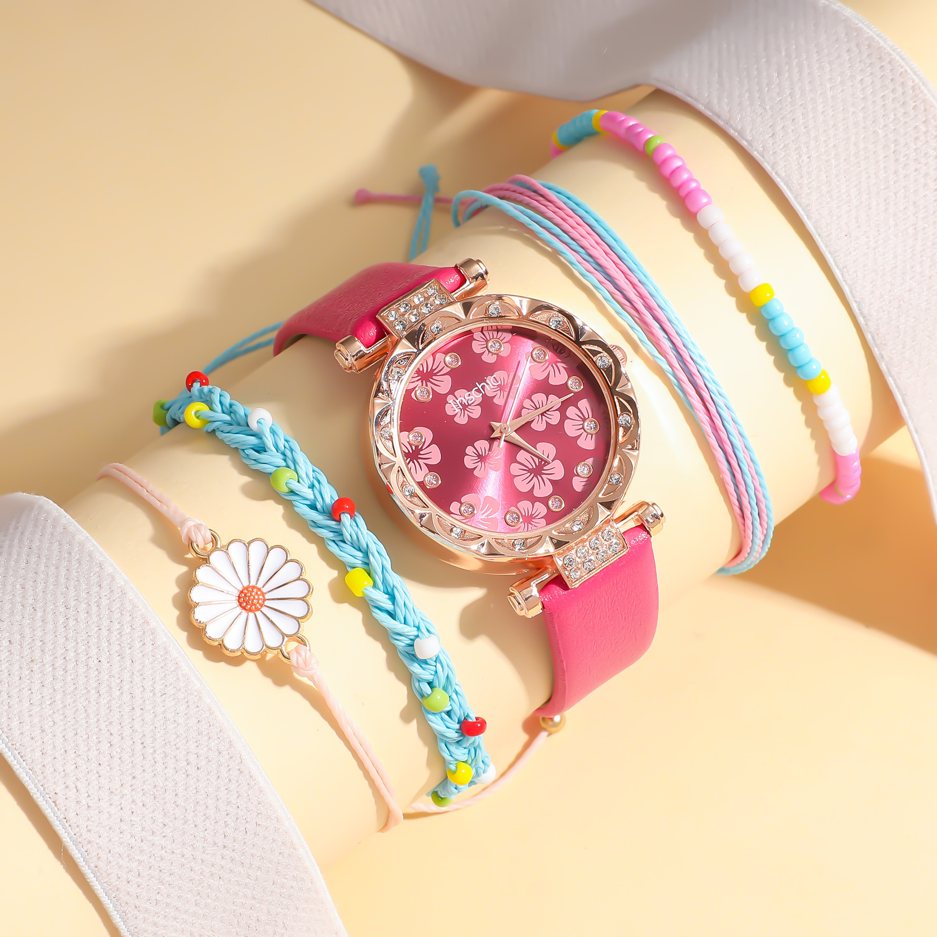 New Women's Cute Wild Personalized Rose Red Belt Diamond-Embedded Watch + Woven Hand Strap Suit 5pc/et