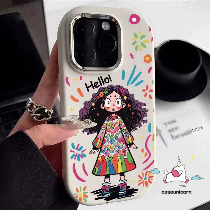 For Oppo A38 A17 A57 A18 A35 A16 A78 A15 A76 A7 A9 A58 A5s A11 A54 A53 A3s A5 A15s A74 A98 A55 A12 A77 A52 A17K Reno 5F 5 4F Colored Clothes Big Eyes Curly Hair Girl Doodle Couples Case