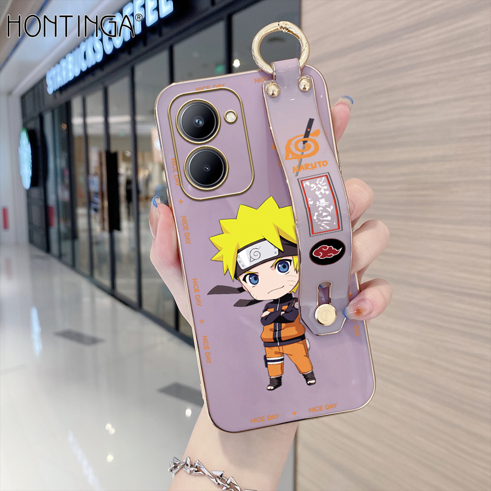 Hontinga for Realme C33 Back Cover With Wristband Luxury 6D Plating Anime Naruto Uzumaki Case Soft Silicone Square Phone Cases. 