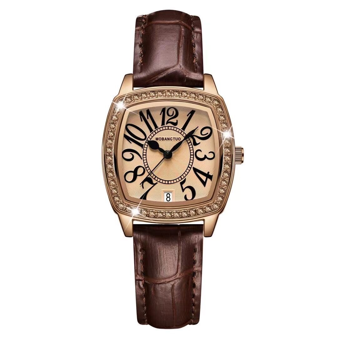New Women's Square Watch Digital Scale with Date Small Square Watch Retro Coffee Color Belt Waterproof Fashion Women's Watch. 