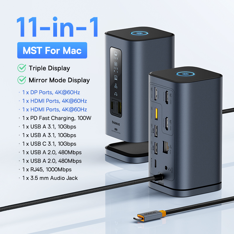 Baseus USB C Hub to DP 4K@60Hz HDMI DisplayPort 11-IN-1 Docking Station Triple Display RJ45 PD 100W For Window Mac USB 3.1 HUB. 