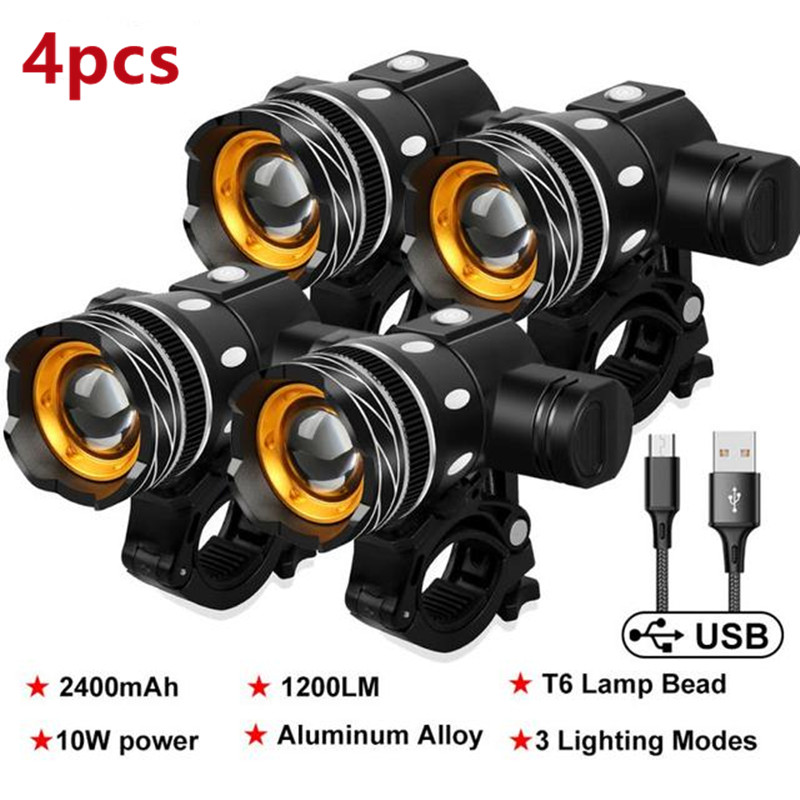4pcs T6 LED Bicycle Front Light Rechargeable Lamp Lantern 2400mAh Adjustable Zoom MTB Bike Headlight Cycling Flashlight Lanterna