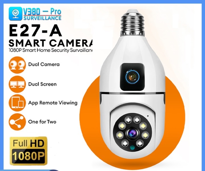 SUPER CLEAR VIDEO V380 Pro Dual Lens Dual Screen E27 Bulb Camera Two Ways Audio Color Night Vision Smart Home Security Wireless WIFI Indoor Camera. 