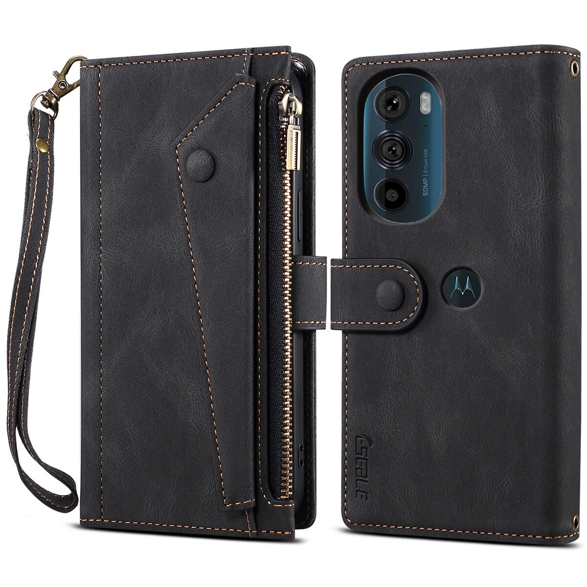 xprmy for Motorola Edge 30 Pro Vintage Leather Cover Flip Wallet Case Card Slots Zipper Pocket Handbag with Hand Strap
