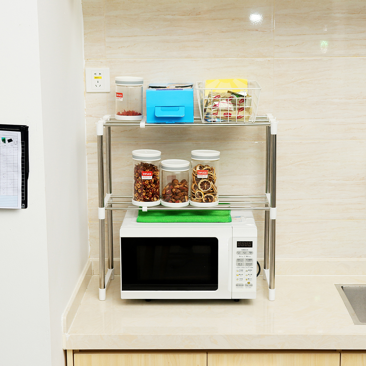 Two-Tier Multifunctional Stainless Steel Fine Mesh Silver Microwave Oven Rack Kitchen Shelves -. 