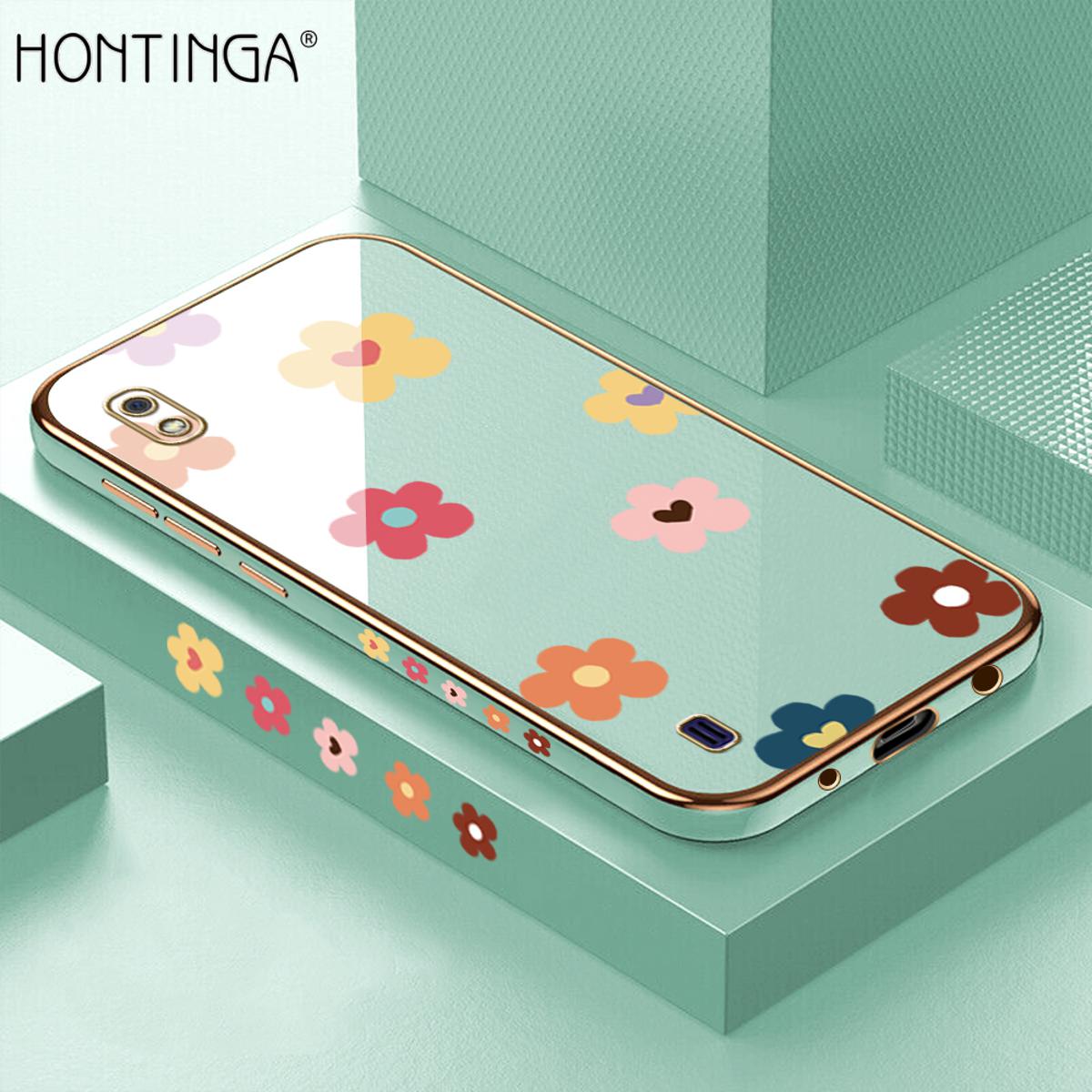 Hontinga for Samsung Galaxy A10 Back Cover + Free Lanyard Luxury 6D Plating Falling Flower Side Pattern Case Soft Silicone Square Phone Cases