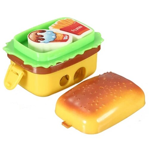1Pc Cute Hamburger Pencil Sharpener with Two Rubbers Erasers Student Stationery. 